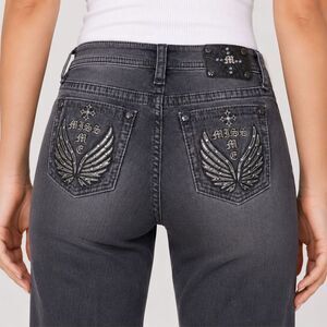 Miss Me Black Mid Rise Slim Wide Jeans Blue Rhinestones Grey 30
